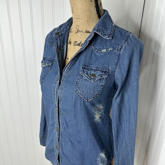 Miley Cyrus Max Azria Denim Top Sz S Snap Front Distressed Country Cowgirl - Picture 2 of 11